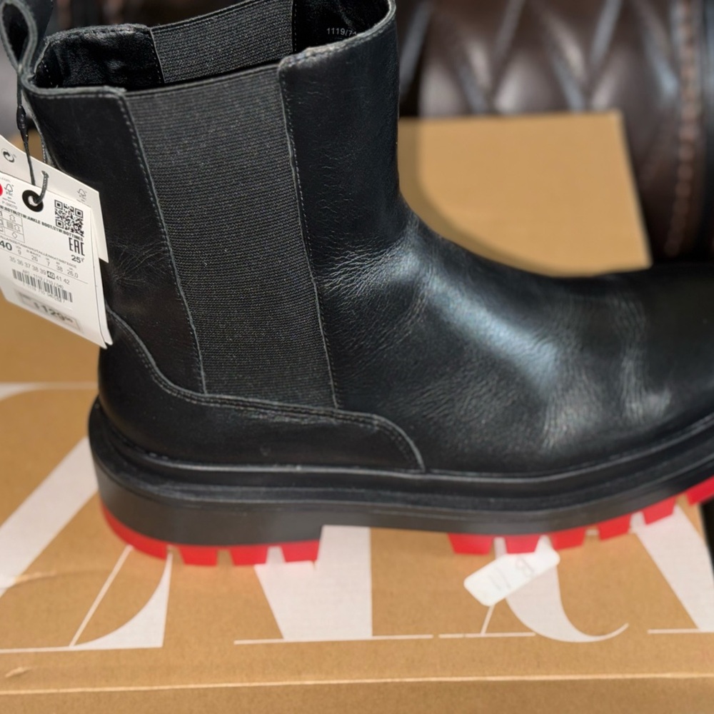 NWT - Zara Leather upper black with red sole boots.